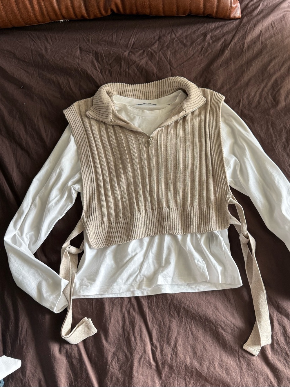 Zara Beige Ribbed Knit Vest and shirt with Side Ties